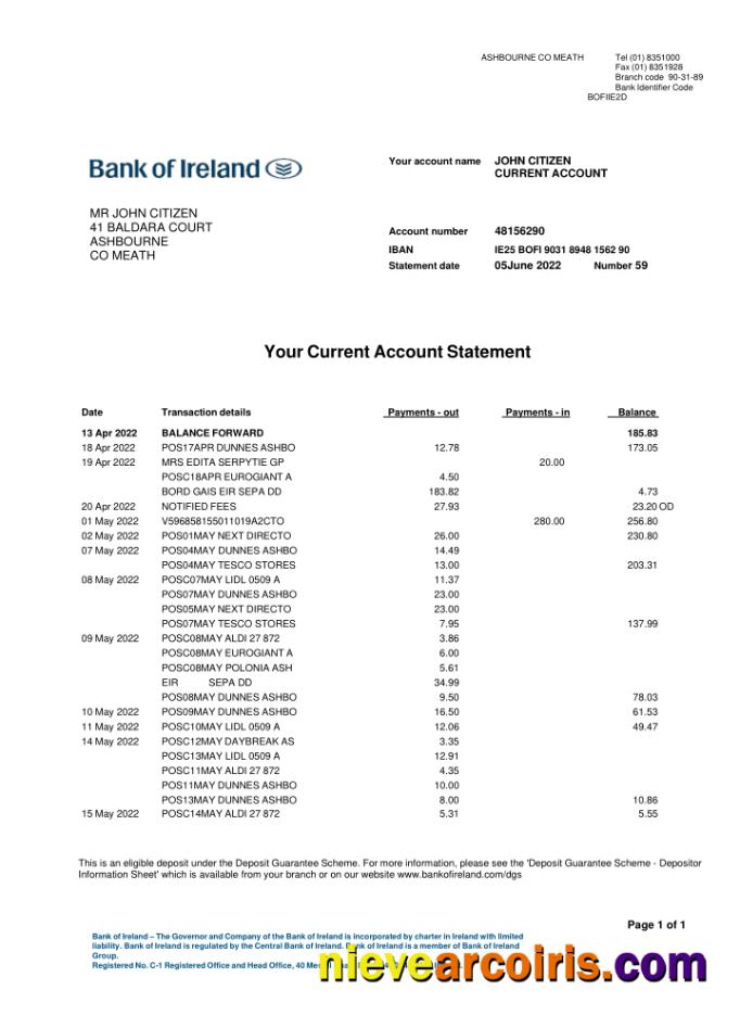 Ireland Bank of Ireland bank statement, Word and PDF format, 2 pages